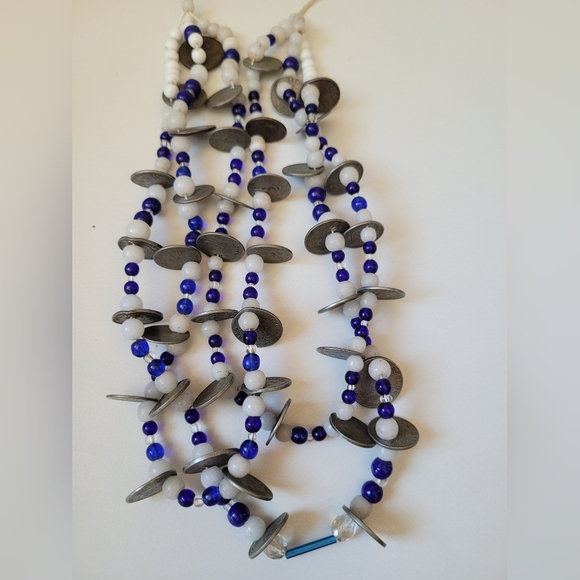 Otavalo 3 Strand Trade Bead Glass & 5 Centavo Coins Necklace Blue & White 24" - Picture 2 of 14